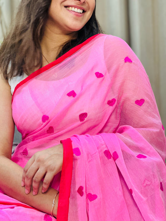 Pink Heart Mul Cotton Saree