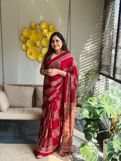 Maroon Ajrakh Modal Handwork Saree
