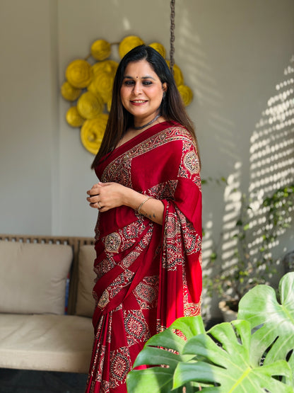 Maroon Ajrakh Modal Handwork Saree