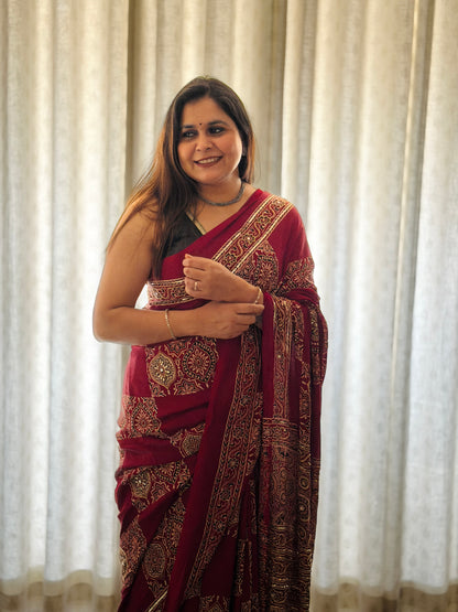 Maroon Ajrakh Modal Handwork Saree