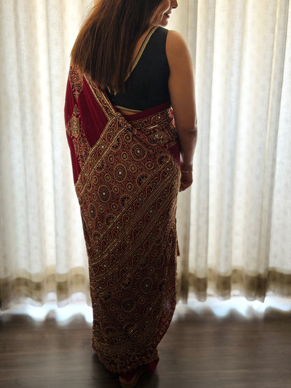 Maroon Ajrakh Modal Handwork Saree