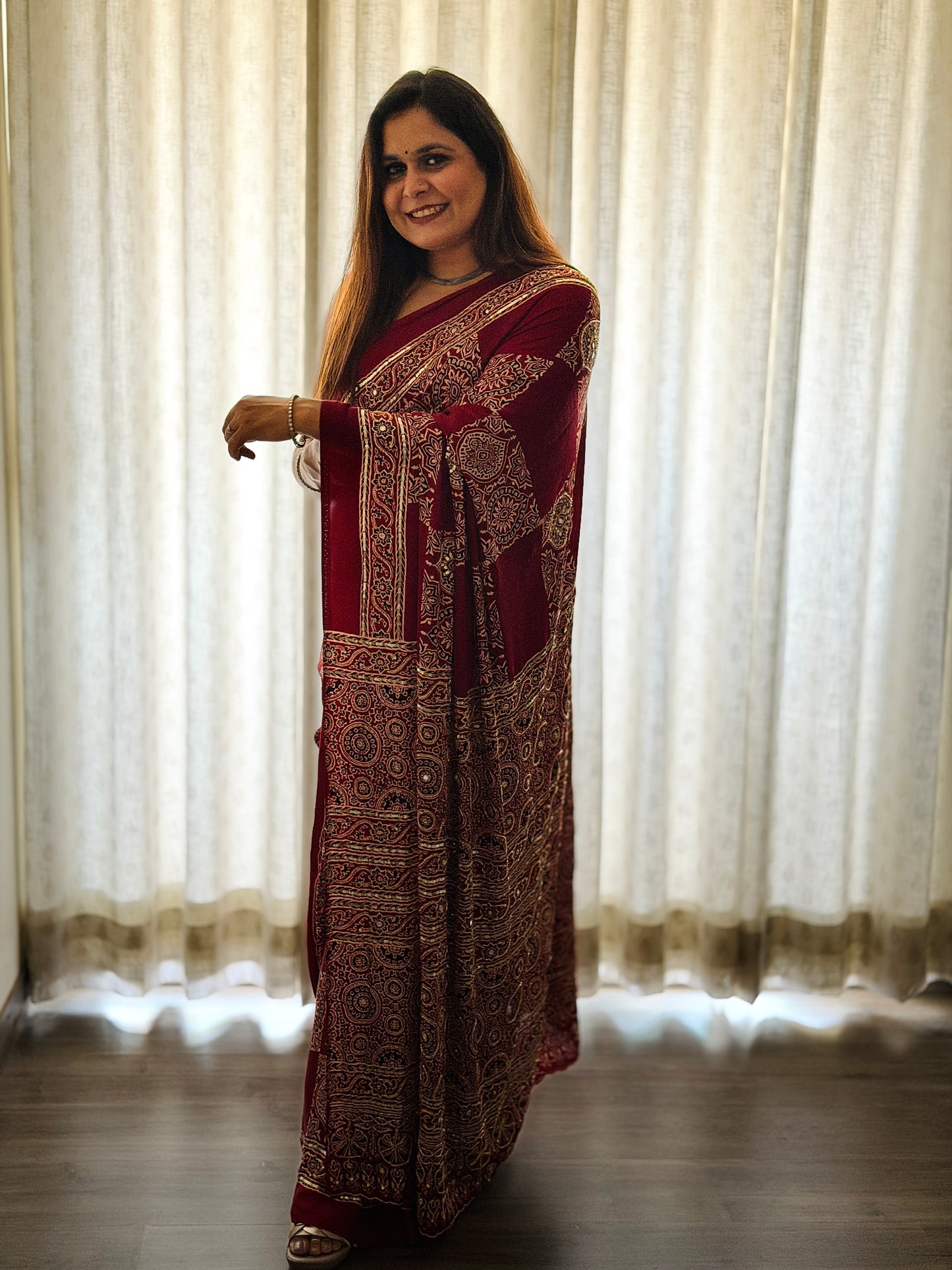 Maroon Ajrakh Modal Handwork Saree