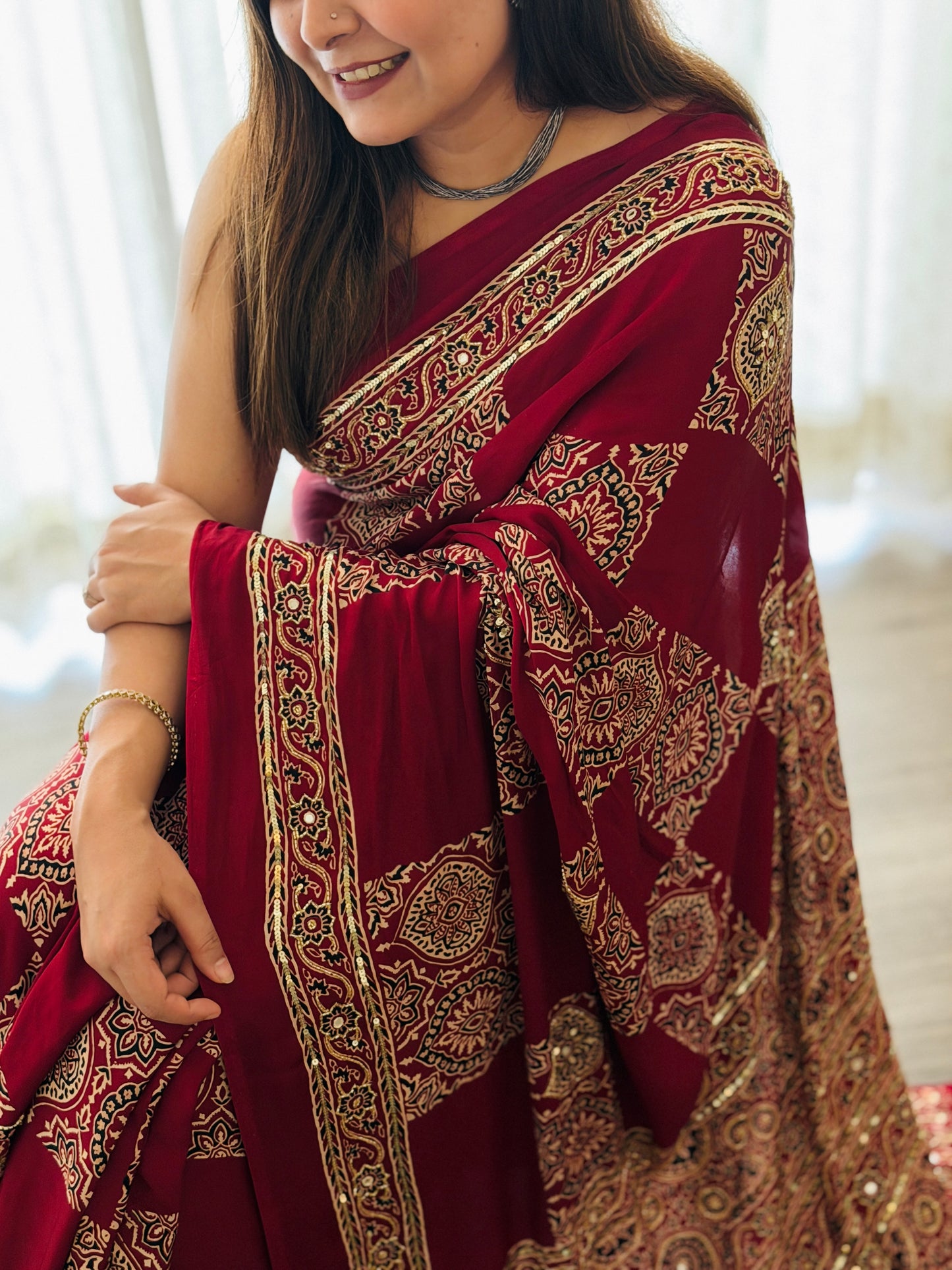 Maroon Ajrakh Modal Handwork Saree
