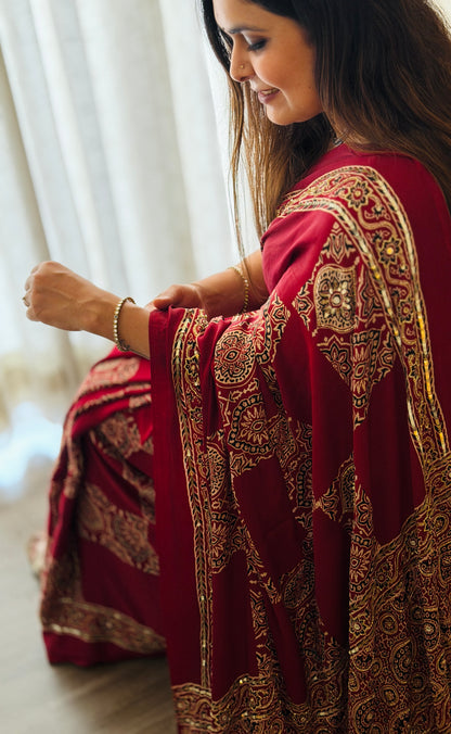 Maroon Ajrakh Modal Handwork Saree