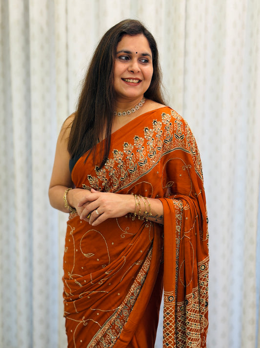 Rust Orange Ajrakh Modal Handwork Saree
