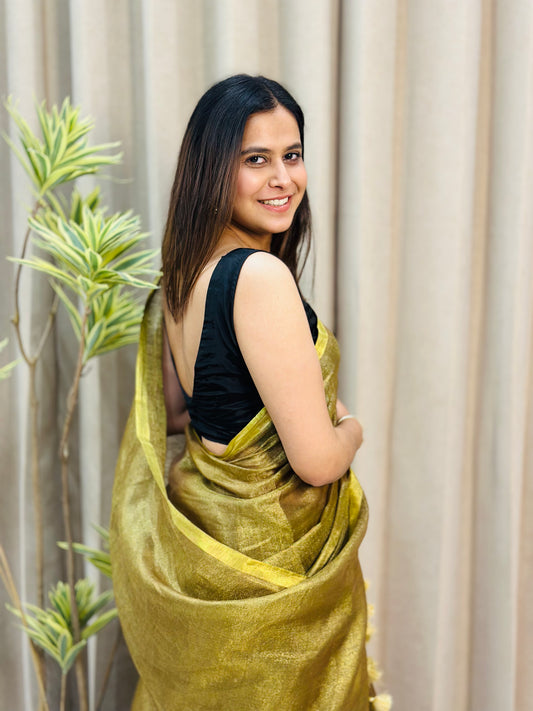 Golden Olive Tissue Linen Saree
