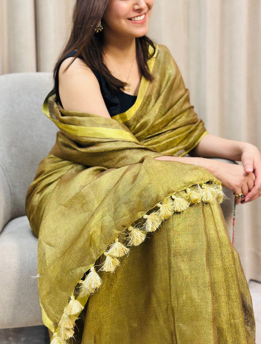 Golden Olive Tissue Linen Saree