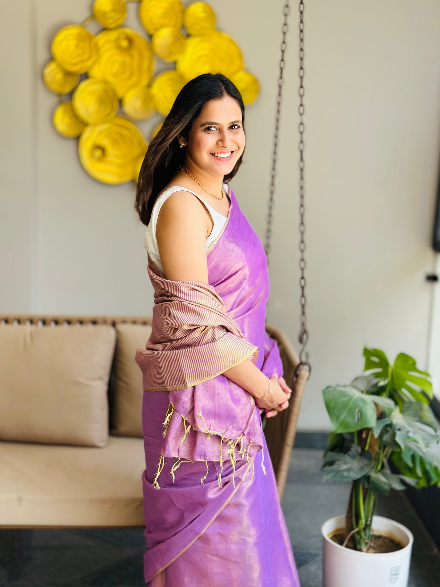 Purple Tissue Linen Saree