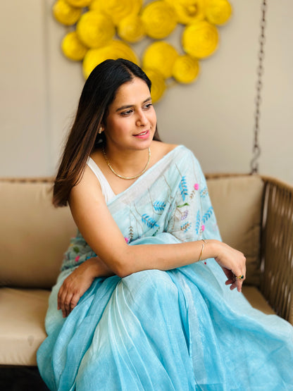 Blue Linen Hand Embroidery Saree