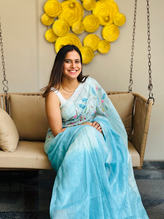 Blue Linen Hand Embroidery Saree