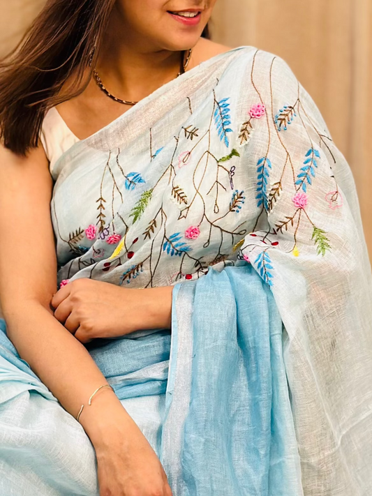 Blue Linen Hand Embroidery Saree