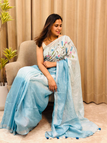 Blue Linen Hand Embroidery Saree