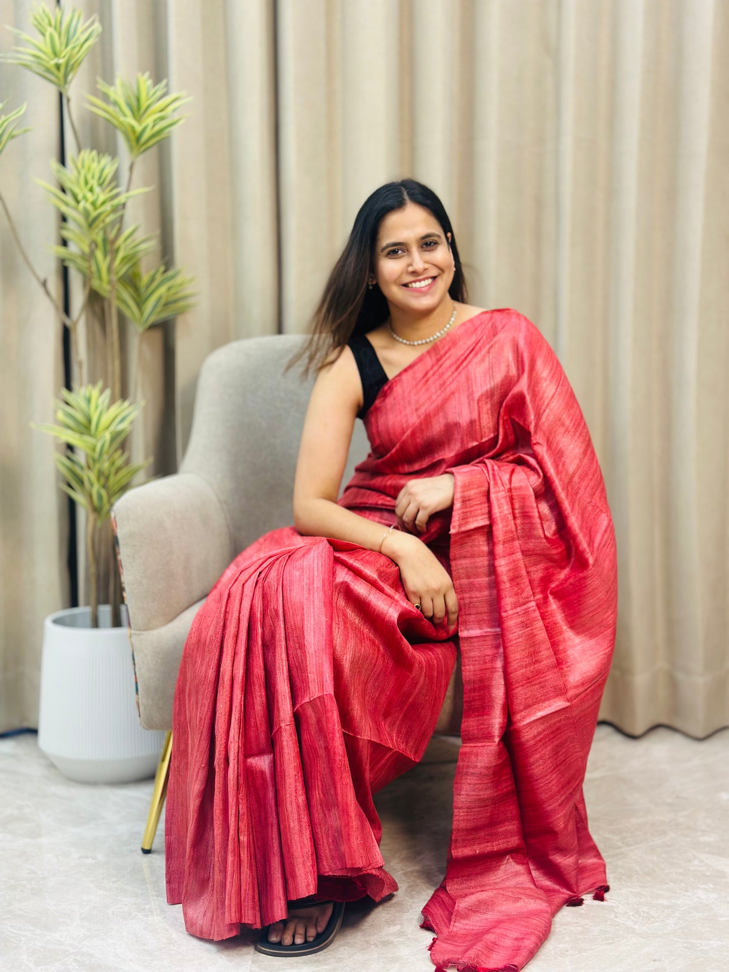 Peach Red Tussar Gicha Saree