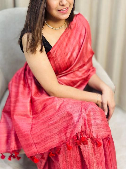 Peach Red Tussar Gicha Saree