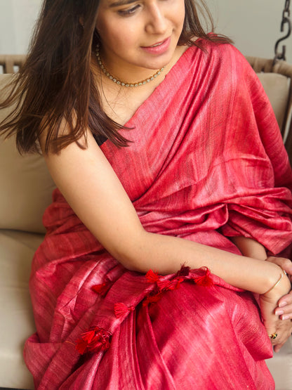Peach Red Tussar Gicha Saree
