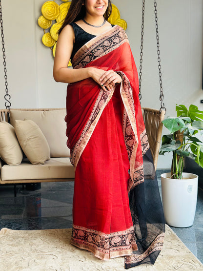 Red Kota Doria Saree
