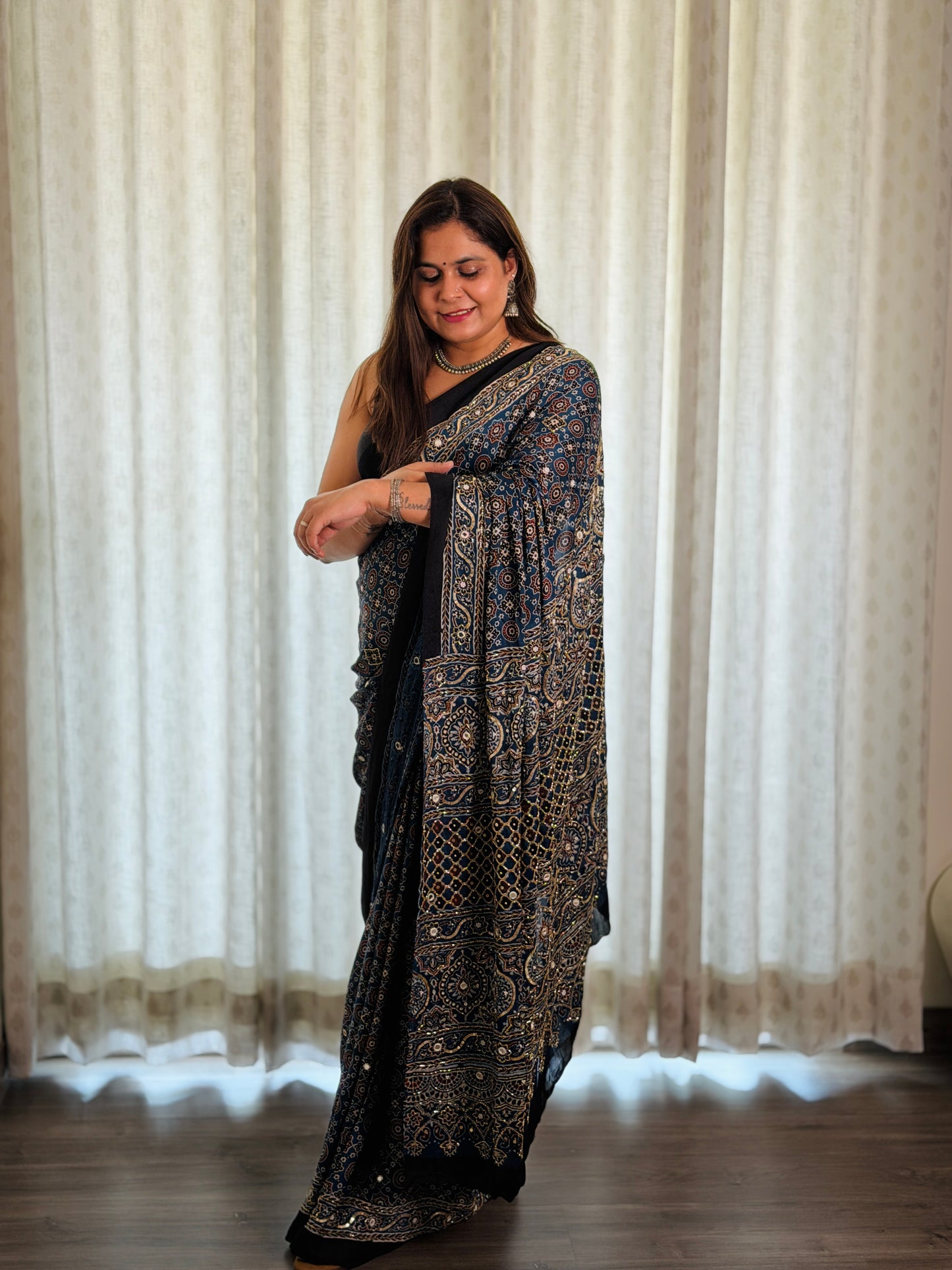 Blue Ajrakh Modal Handwork Saree