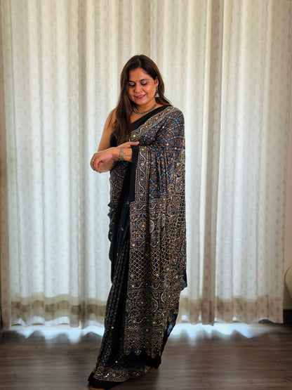 Blue Ajrakh Modal Handwork Saree