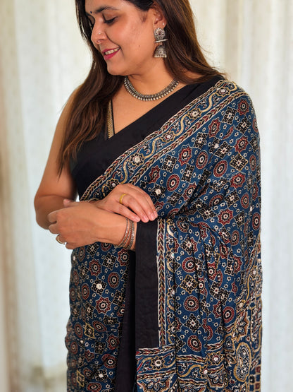 Blue Ajrakh Modal Handwork Saree