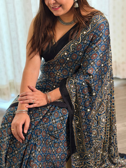 Blue Ajrakh Modal Handwork Saree