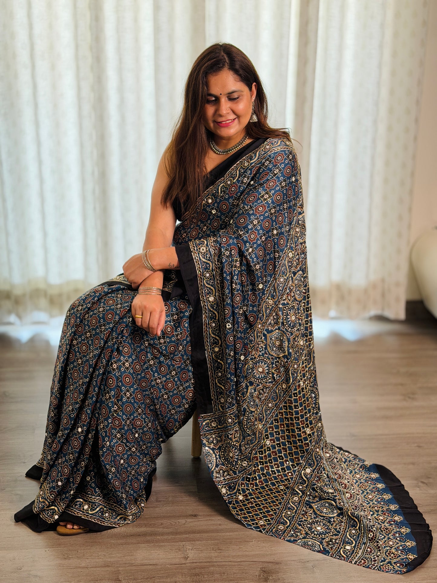 Blue Ajrakh Modal Handwork Saree