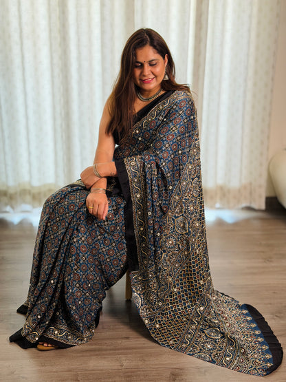 Blue Ajrakh Modal Handwork Saree