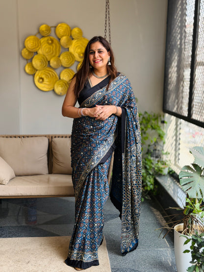 Blue Ajrakh Modal Handwork Saree