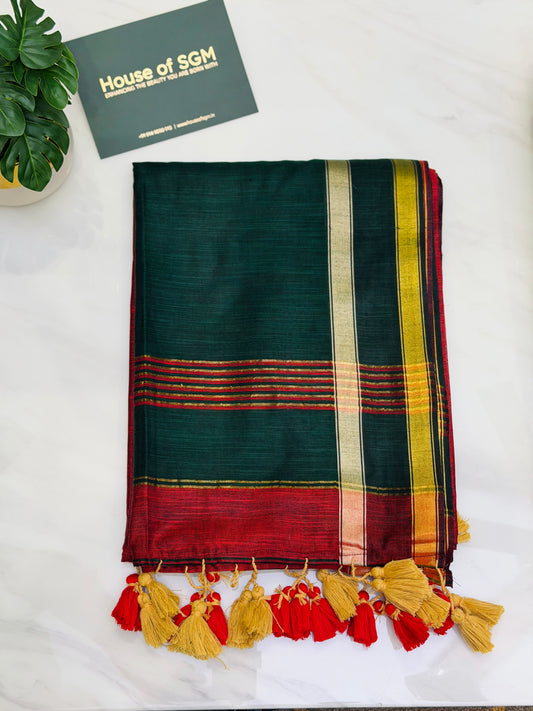 Burnt Orange-Green Acrylic Cotton Saree