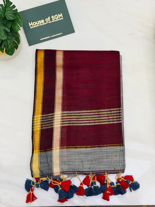 Grey-Maroon Acrylic Cotton Saree