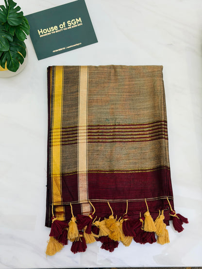 Maroon-Beige Acrylic Cotton Saree