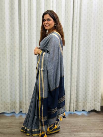 Grey-Navy Blue Acrylic Cotton Saree
