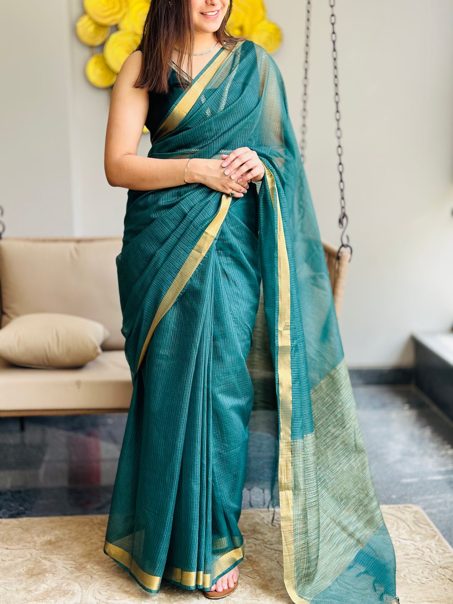 Bottle Green Kota Doria Silk Saree