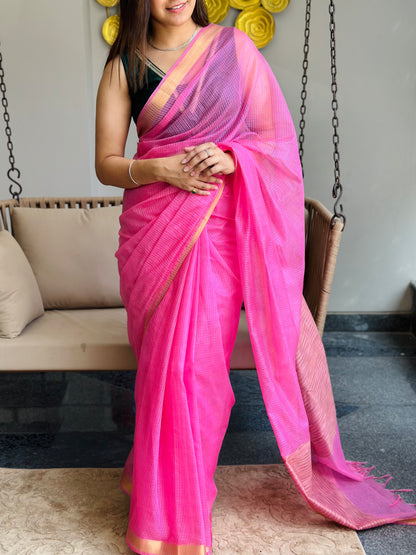 Pink Kota Doria Silk Saree