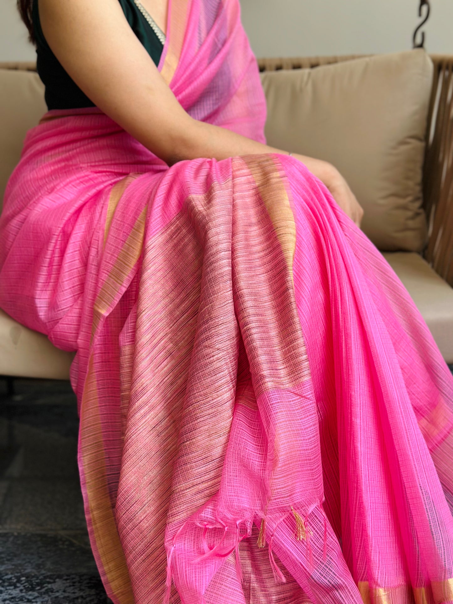 Pink Kota Doria Silk Saree
