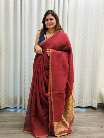Burnt Maroon Linen-Silk Saree