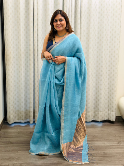 Sky Blue Linen-Silk Saree