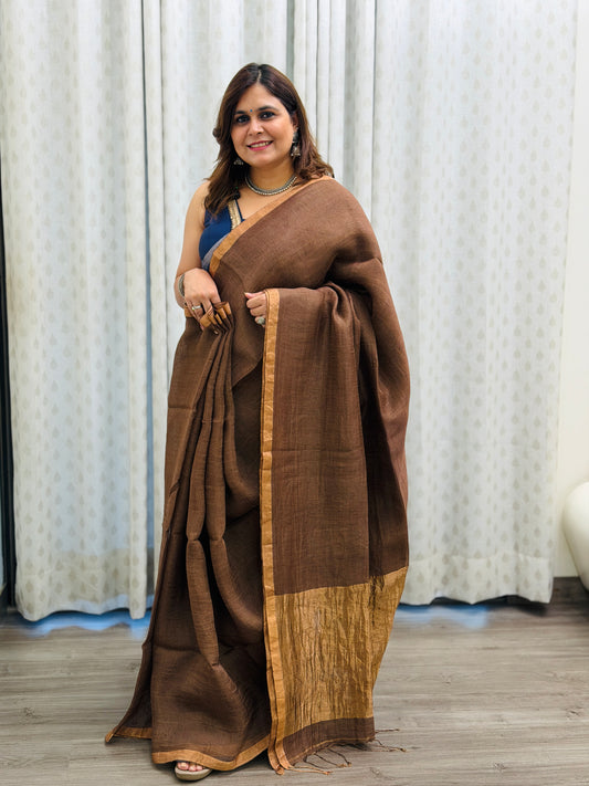 Brown Linen-Silk Saree