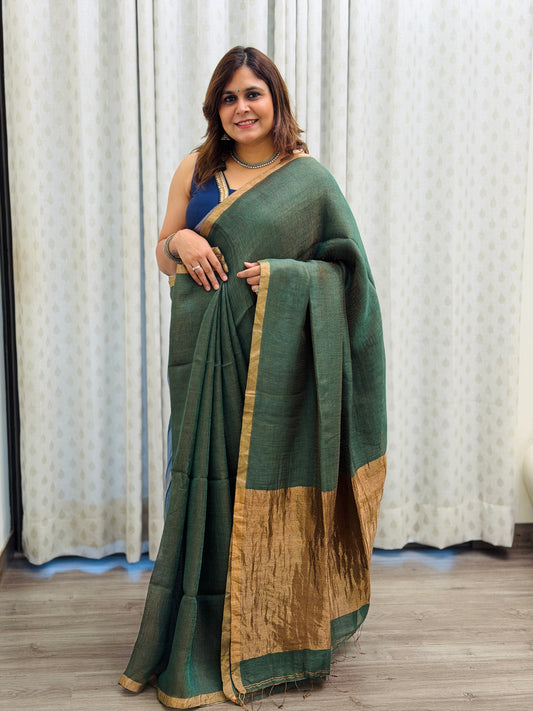 Bottle Green Linen-Silk Saree