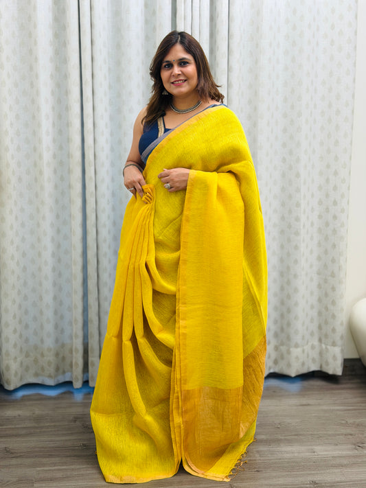 Yellow Linen-Silk Saree