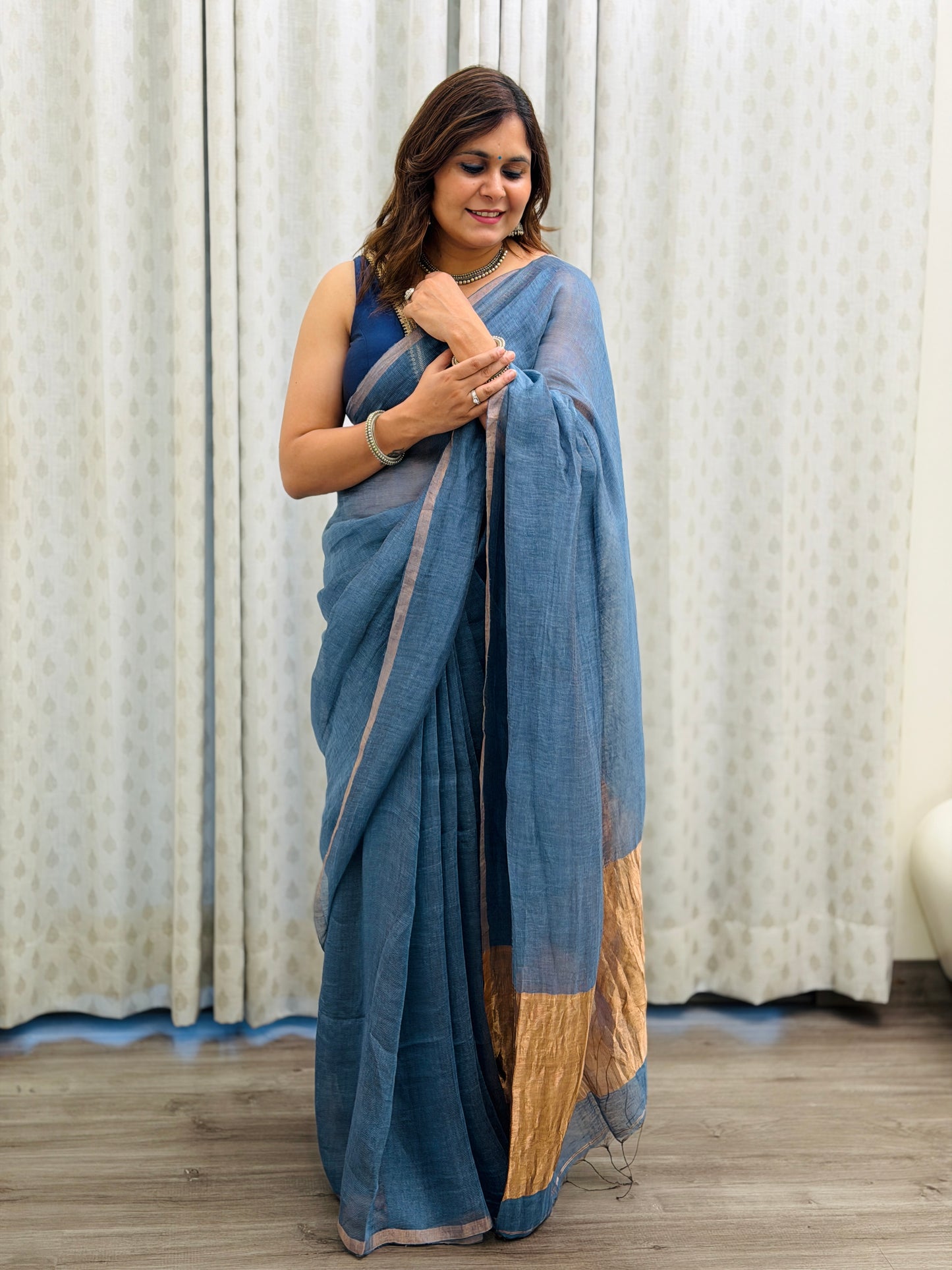 Slate Blue Linen-Silk Saree