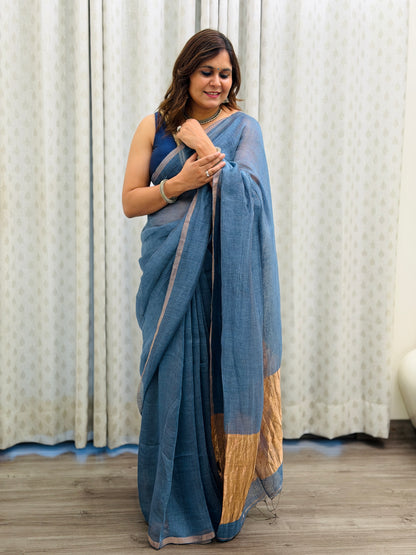 Slate Blue Linen-Silk Saree