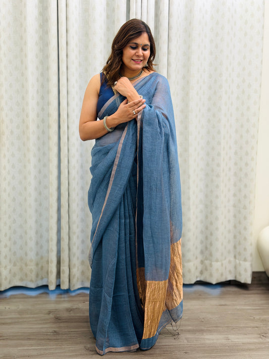 Slate Blue Linen-Silk Saree