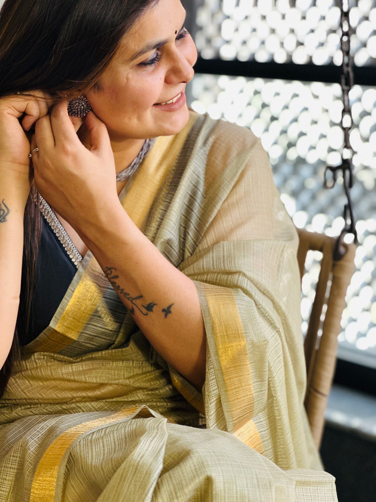 Beige Grey Kota Doria Silk Saree