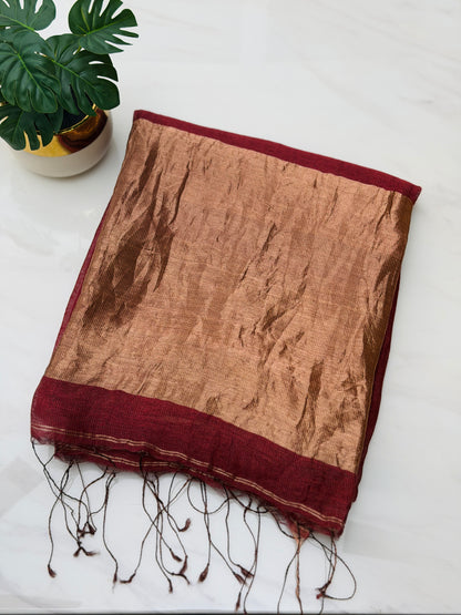 Burnt Maroon Linen-Silk Saree