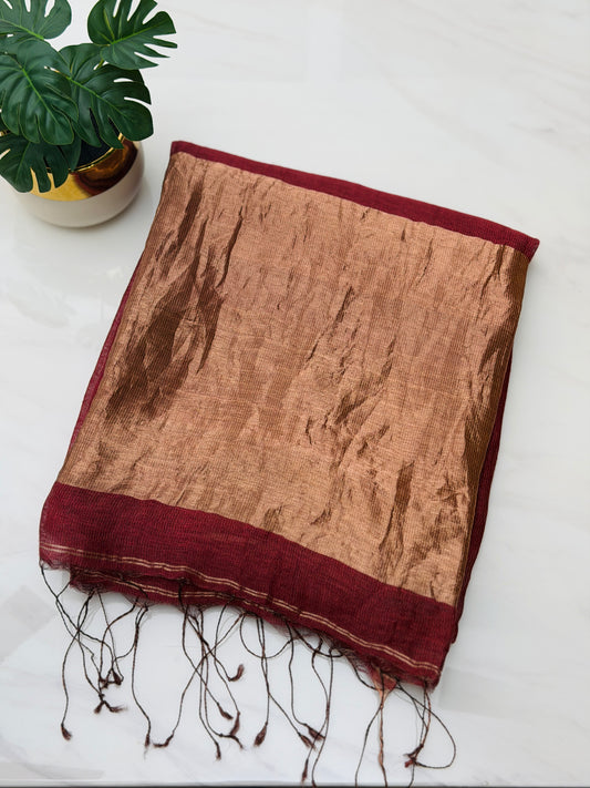 Burnt Maroon Linen-Silk Saree