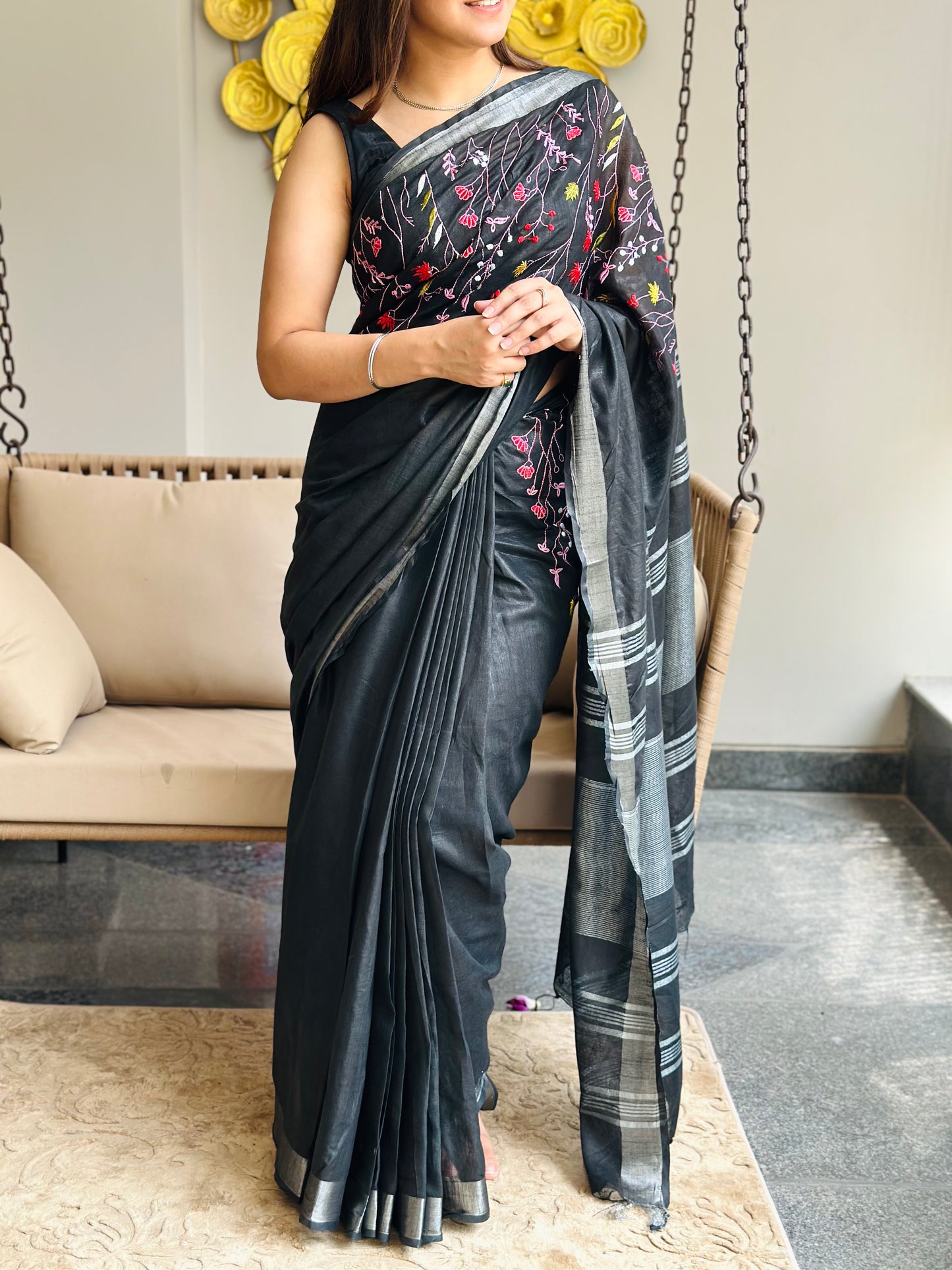 Black Semi Linen Saree