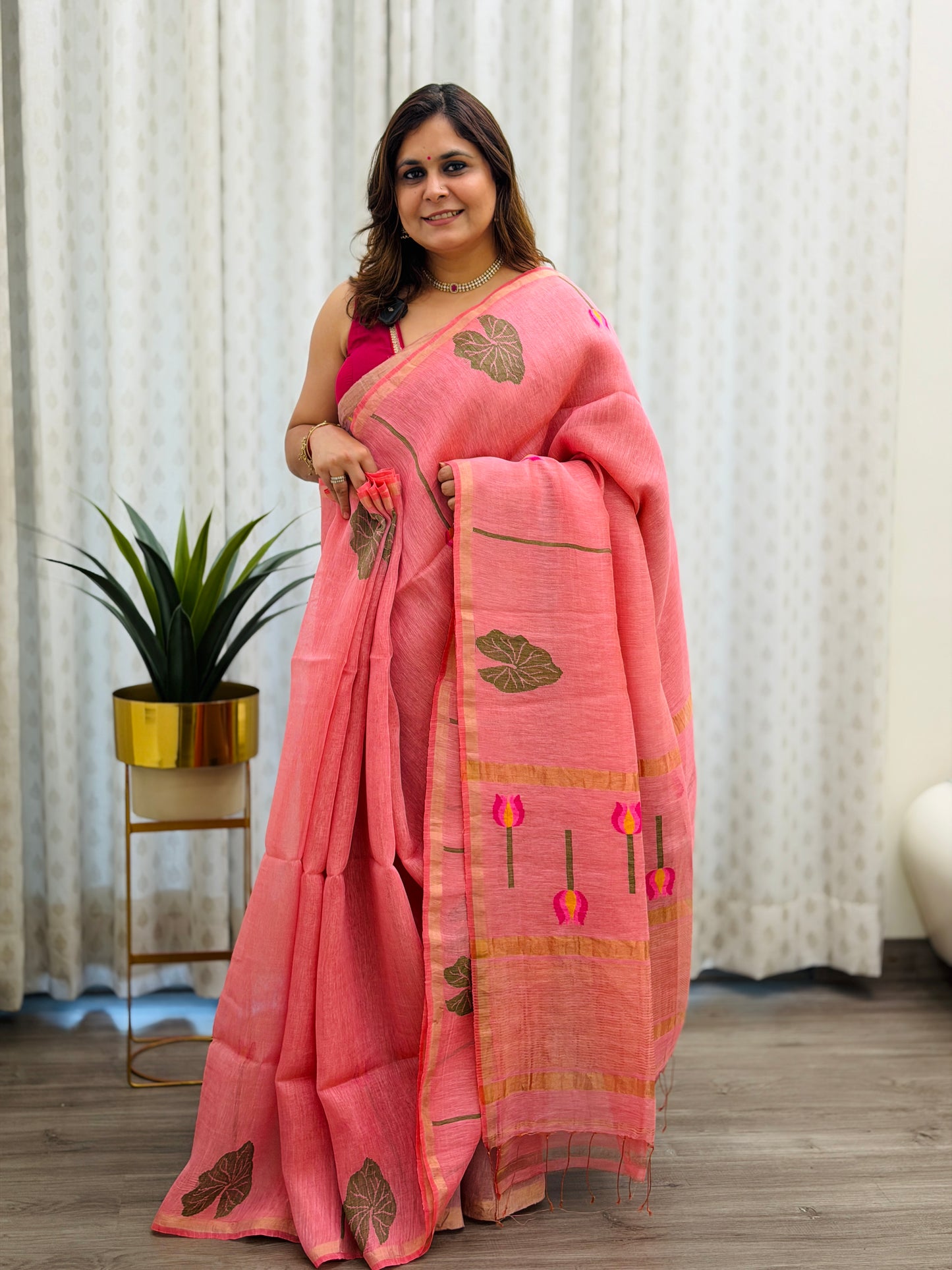 Pink Linen-Silk Jamdani Saree