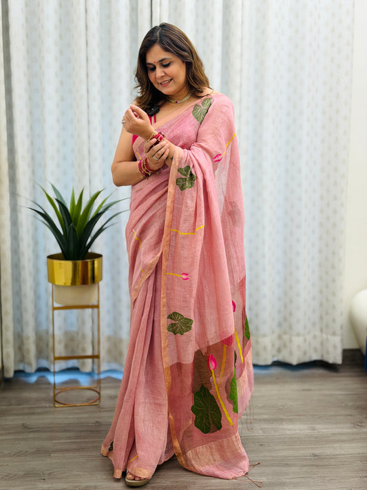 Onion Pink Linen-Silk Jamdani Saree