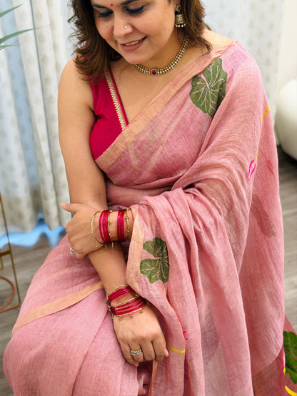 Onion Pink Linen-Silk Jamdani Saree