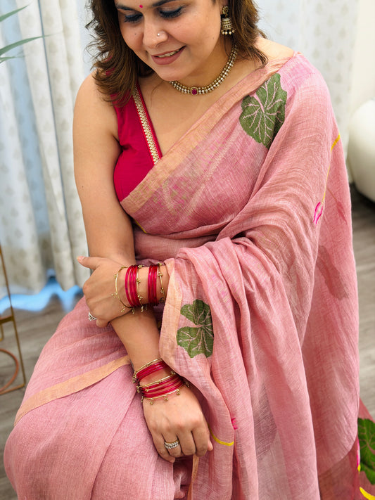 Onion Pink Linen-Silk Jamdani Saree